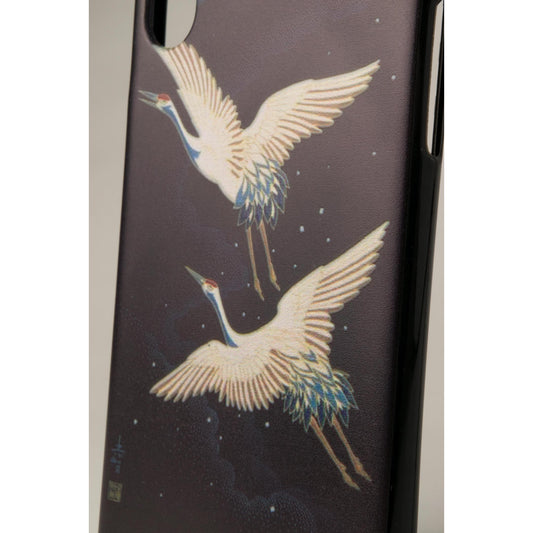鶴 和風 iPhone X ケース ソフト 黒
