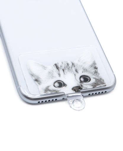 可愛い猫の透明なストラップホルダー。丈夫なTPU樹脂製です。さらにストラップ穴は約3倍の厚みで強度をアップしました。