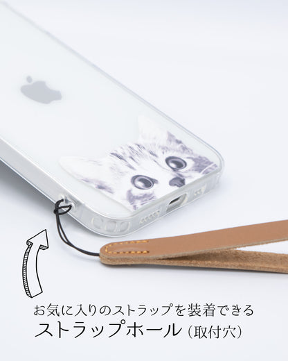 ストラップも装着できるかわいい猫の透明なスマホケース, iPhone 15